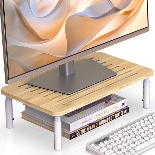 Bamboo Monitor Stand Riser, 4 Adjustable Height, Laptop Stand with Airflow Vents, Desk Organizer for Computer, PC, Printer (Natural)
