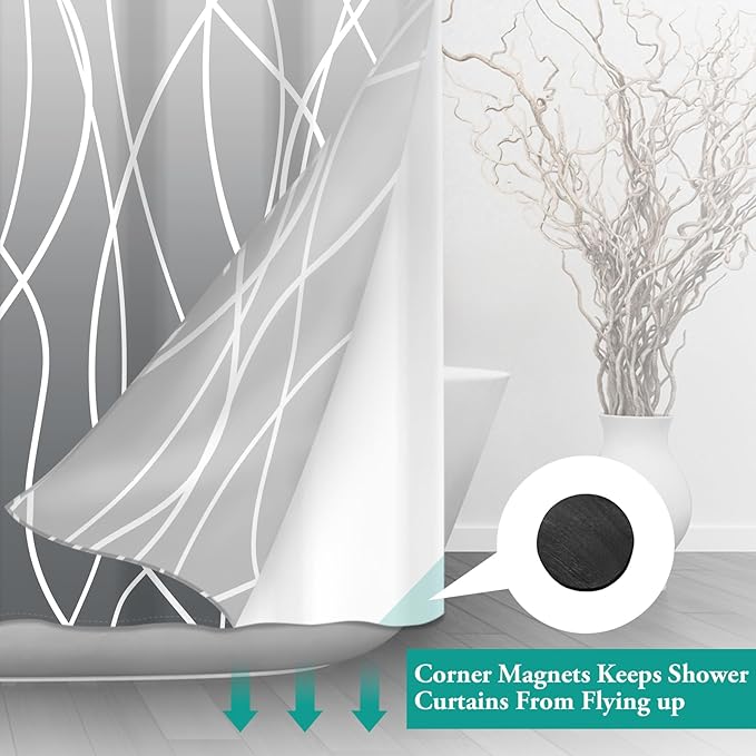 No Hook Ombre Grey Striped Stall Shower Curtain with Snap in Liner Set - Hotel Shower Curtain and Liner Set with See Through Mesh Top Window,Machine Washable, 54x80 INCH