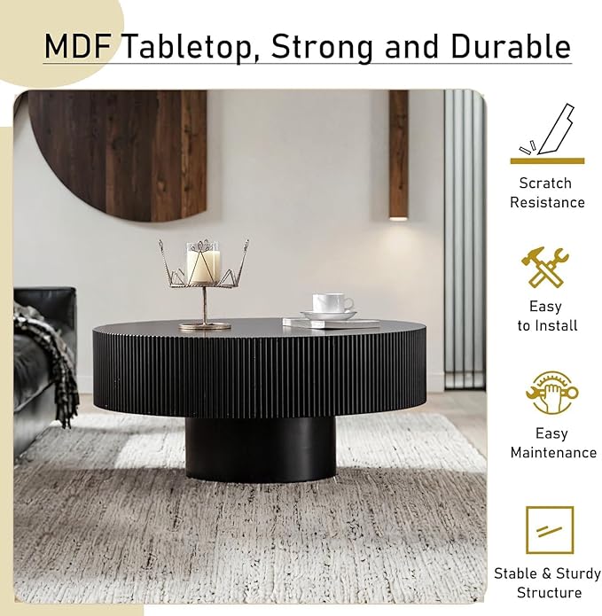 Round Fluted Coffee Table Mid Century Modern Coffee Tables with Handcrafted Relief Circle Drum End Table Rustic Industrial Center Tables for Apartment Living Room (Black Round Thick)