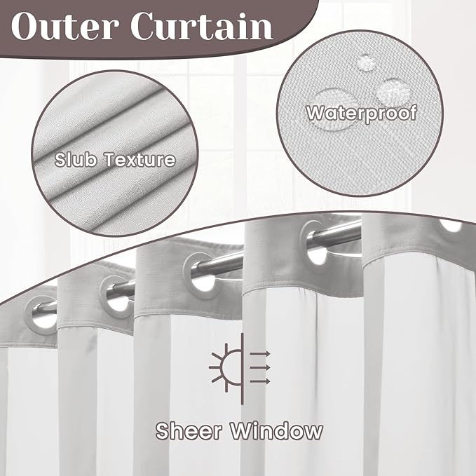 No Hook Slub Textured Shower Curtain with Snap in Liner - Grey Fabric Outer Curtain & Waterproof Inner Liner, Hotel Style with See Through Top Window, 71x80 in