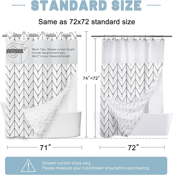 No Hook Geometric Striped Shower Curtain with Snap in Liner Set - Hotel Shower Curtain and Liner Set with See Through Mesh Top Window,Machine Washable, 71x74 INCH - Black & White Herringbone