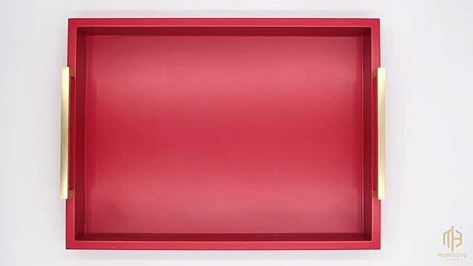 Decorative Coffee Table Tray - Ottoman Tray - Breakfast, Drinks, Liquor Serving Tray - from Farmhouse to Modern - Matte Finish - Champagne Gold Handles - Crimson Red