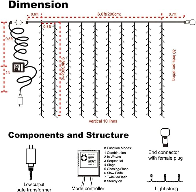 WATERGLIDE 300 LED Curtain Lights, Remote Control Christmas Hanging String Lights, 8 Lighting Mode, Plug in for Indoor Outdoor Halloween Holiday Party Garden Backdrop Wedding Home Decor, Purple