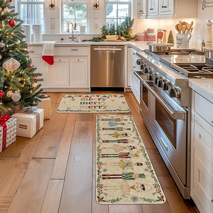 Artoid Mode Watercolor Nutcrackers Merry Christmas Decorative Kitchen Mats Set of 2, Home Party Low-Profile Kitchen Rugs - 17x29 and 17x47 Inch