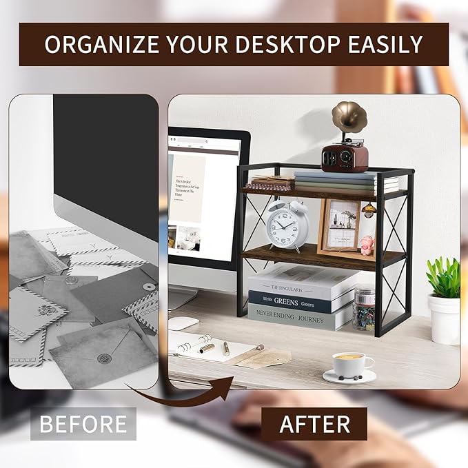 YINMIT Desktop Shelf Organizer, 2 Tier Office Shelves, Wood Desk Organizer Storage Rack and Freestanding Display Shelf for Office, Dormitory, Home