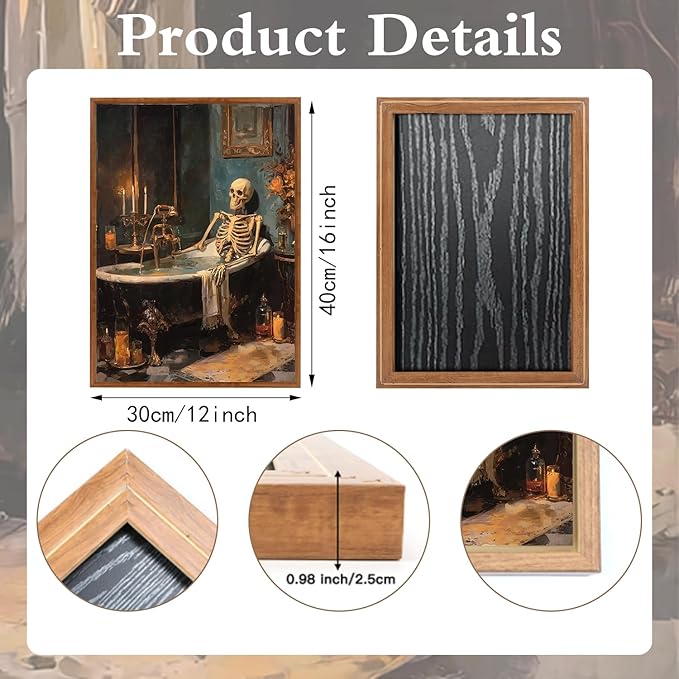 LHIUEM 12”X16”Halloween Goth Skull Framed Wall Art Vintage Skeleton Canvas Decor Unique Soaking Bones Shower Wall Art Spooky Halloween Gothic Picture Moody Skeleton Bathtub Decor for Bathroom Toilet