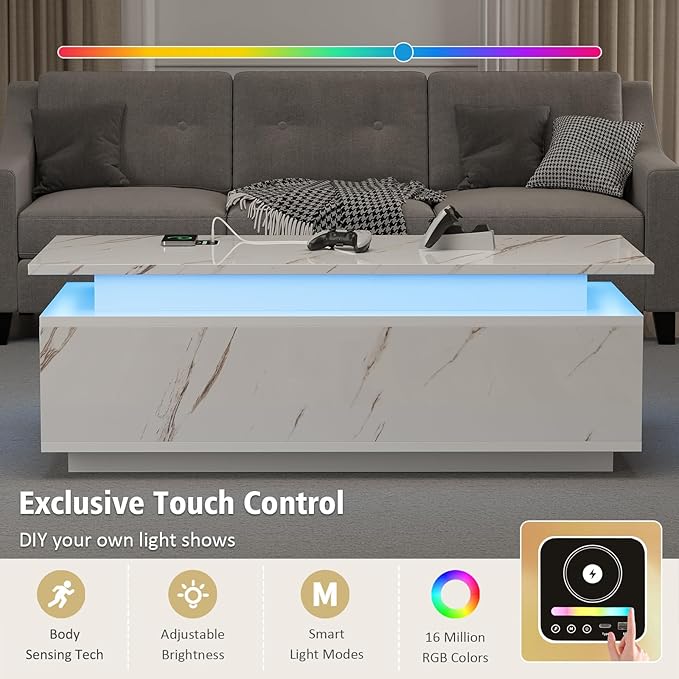 LED Coffee Table, 47.2" Coffee Tables for Living Room with Wireless Charging & Bluetooth Speaker, Smart Center Table for Living Room with Storage, White Marble Tables