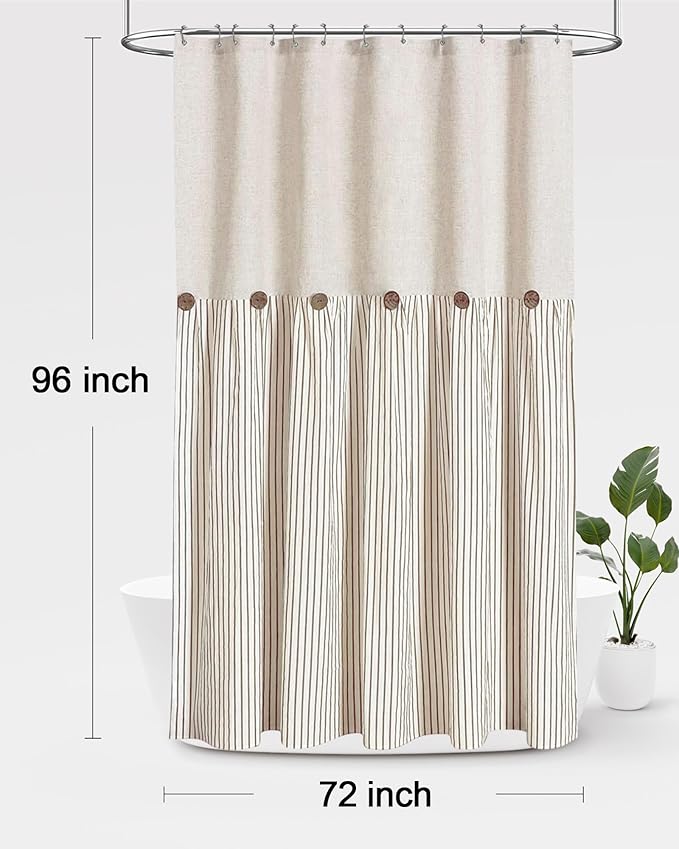 Awellife Farmhouse Beige Shower Curtain Button Linen Textured Woven Fabric,Pleated Beige Stripe,Country Style,72" W x 96" L