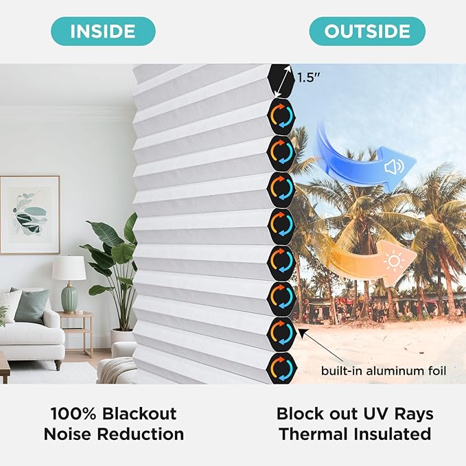 Joydeco No Tools No Drill Blinds for Indoor Windows, Cordless Window Blinds Cellular Shades Top Down Bottom Up Blackout Honeycomb Blinds Thermal Insulated Noise Reduction (Black, 35" W x 64" H)