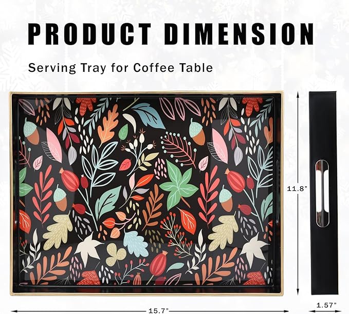 Rectangle Serving Tray with Handles, Coffee Table Tray for Ottoman, Organizer Vanity Tray for Living Room, Outdoor Tray for Patio Entertaining, Serving Breakfast Kitchen Platter LEE3040BH