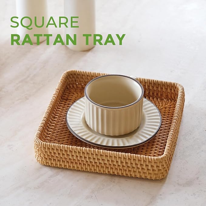 Rattan Serving Tray, Square Woven Storage Basket, Wicker Baskets for Organizing, Natural Wicker Decorative Serving Baskets for Organizing Tabletop Bathroom Kitchen Counter Square