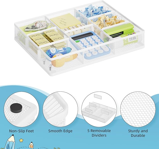 Marbrasse Desk Drawer Organizer, Metal Mesh Drawer Organizer Tray with 5 Adjustable Compartments,Desk Organizers and Accessories for Home,Office,Kitchen,Makeup,Vanity (White)