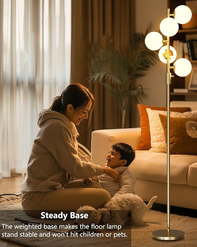 Lightdot Dimmable Globe Floor Lamp Mid Century Modern Floor Lamp with 5Pcs 3000K G9 Bulbs Stepless Brightness Adjustable Gold Standing Lamps with Stable Base for Living Room Bedroom Office