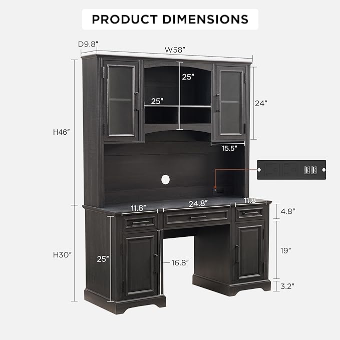 JXQTLINGMU Farmhouse 76" Height Computer Desk with Hutch, Office Desk with Charging Station, Drawers and Storage Cabinet, Workstation for Office Home, Black