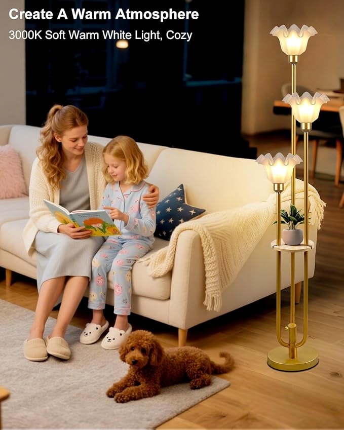 Lightdot Flower Floor Lamp for Living Room, Dimmable Vintage Floor Lamp with Shelf &3 LED Bulbs, 3 Light 3000K Soft Warmwhite Mid Century Gold Standing Lamp, Floral Tall Lamp for Bedroom Office