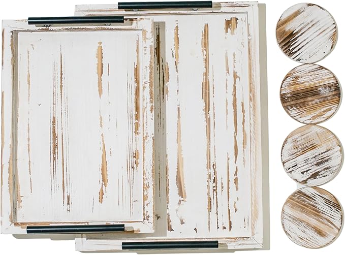 Decorative Ottoman Serving Tray Wooden Rustic (Set of 2) | Black Sleek Metal Handles | 4 Matching Coasters | Coffee Table Decor | Serving Kitchen Platter (Rustic White)