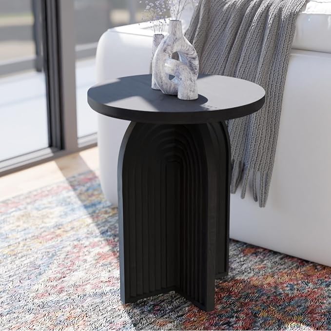 Relso Charon End Table - Round Black Mango Wood Side Table for Bedroom, Living Room | Small Nightstand, Versatile Bedside Table, Coffee Table | Modern Home Decor, Easy Assembly, Sturdy Accent Table