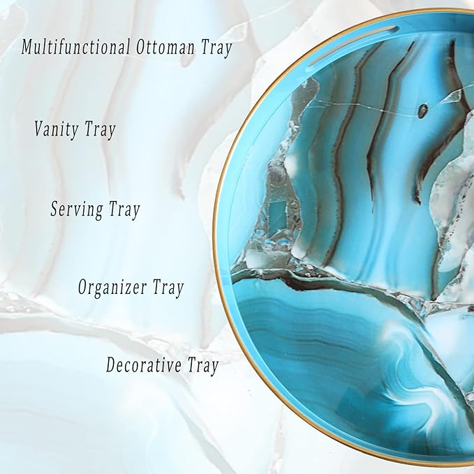 Spsyrine Round Decorative Tray, 13" Plastic Marbel Serving Tray with Handles for Breakfast, Ottoman, Coffee Table, Bathroom, Kitchen, Living Room