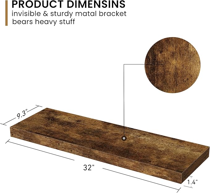 Fun Memories 32Inch Floating Shelves, 9.3Inch Deep Rustic Wall Shelves - Extra Deeper & Thicker Wall Mounted Storage Shelf for Kitchen, Farmhouse - 32" W x 9.3" D x 1.5" H - Set of 2 - Rustic Brown