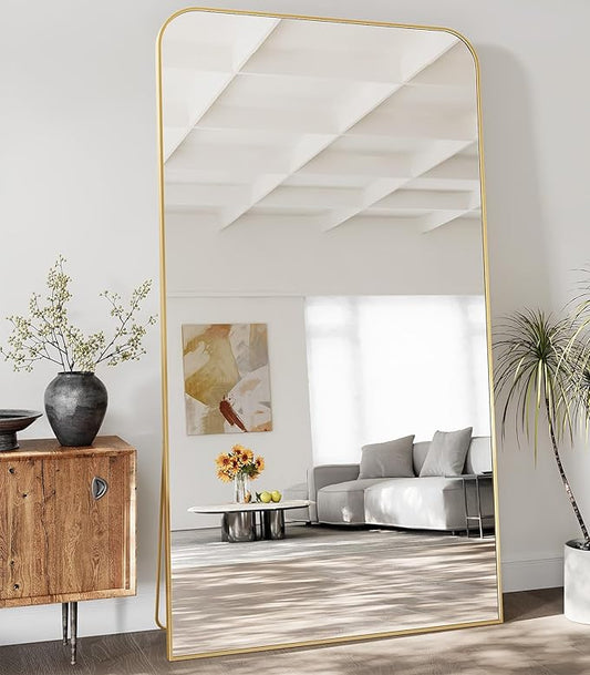 Koonmi Full Length Mirror, 86"x40" Mirror Full Length with Stand, Gold Domed Top Square-Edged Floor Mirror with Aluminum Alloy Frame for Bedroom Living Room