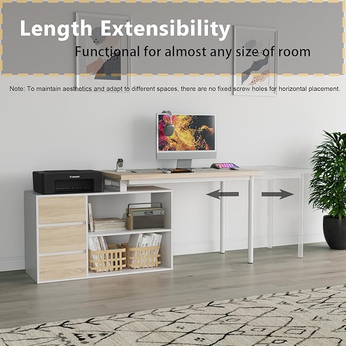 L Shape Computer Desk with 3 Drawers and 2 Shelves, Home Office Desk Corner Small Desk with Storage Cabinet for Writing Study Executive – Walnut and White