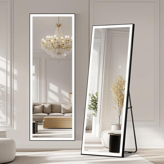 Kosmonia 66x24 Full Length Mirror, Dimmable 3 Color LED Light w/Light Memory, Distortion Free Silver Coating Mirror, HD Reflection &Anti Desilvering,Tempered Glass &Shatter Proof Film Doubles Safety