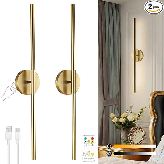 Wireless Battery Operated Wall Sconces with Remote, Gold Rechargeable Led Wall Lights Set of Two, Cordless Dimmable Battery Powered Wall Lamp Decor for Bedroom Living Room, 3 Color, 28 Inch