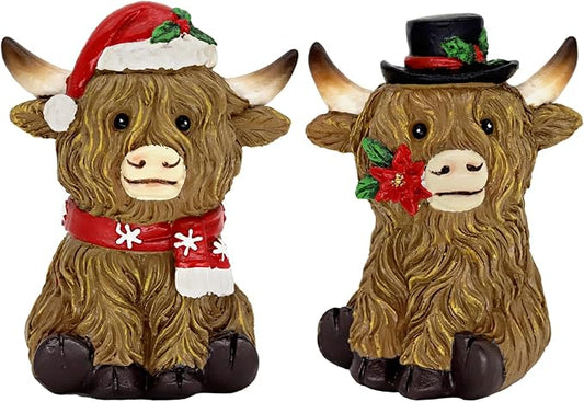 CRCZK Christmas Highland Cow Figurines Decorations for Home, Christmas Indoor Decor - Resin Farmhouse Highland Cow Decor for Christmas Table Mantle Display idea