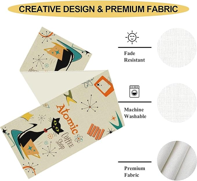 Mid Century Modern Table Runner, Retro 1950s 60s Abstract Style Colorful Black Cat Geometric Atomic Star Coffee Table Center Decor for Home Kitchen Dining Patio Holiday Party Decorations 13x72 inches