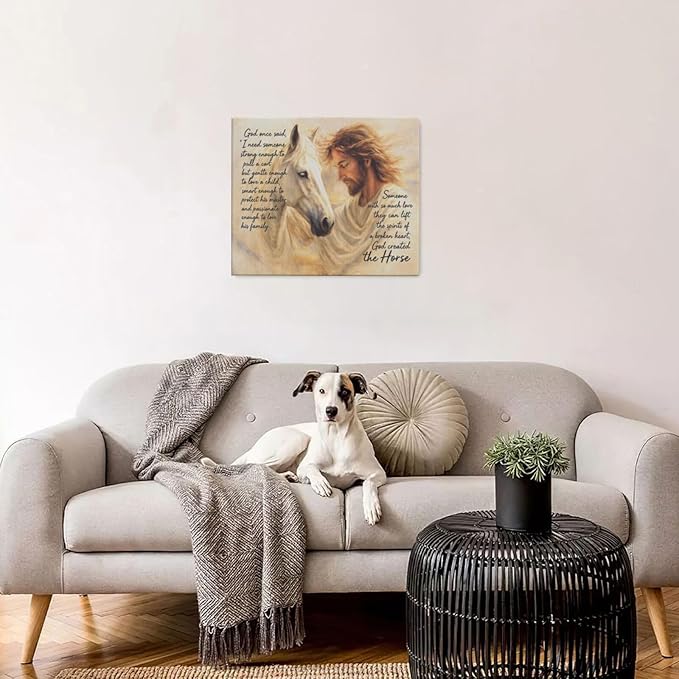 Horse Wall Art Christian Jesus Canvas Wall Decor Scripture Pictures Christ Paintings Prints Religious Bible verse Artwork Framed Decorations For Church Prayer Room Bathroom Bedroom Living Room Gifts 24" x 20"