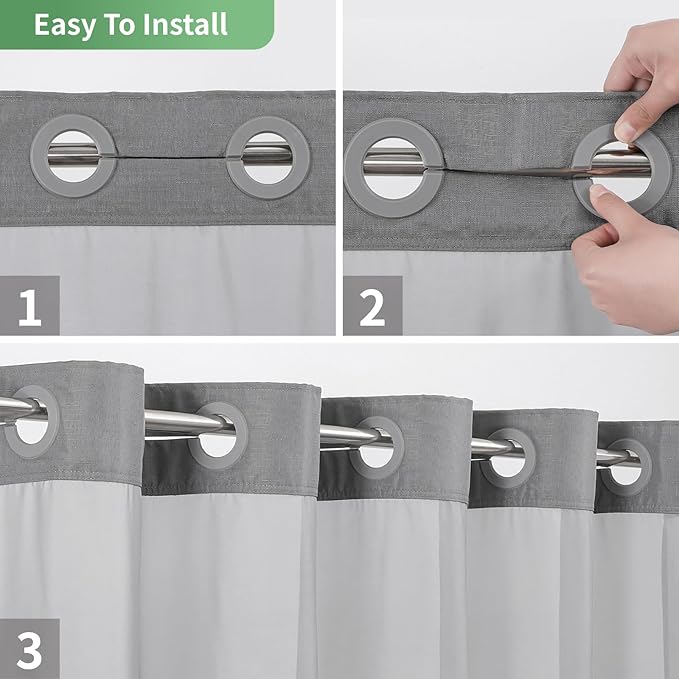 Grey Long No Hook Shower Curtain with Snap-in Fabric Liner Set,Slub Textured Fabric Shower Curtains for Bathroom,Hotel Style Modern Shower Curtain,Water Repellent & Washable,71x80(78)