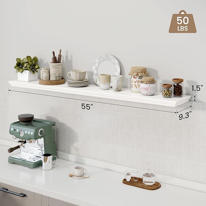 Axeman 55 Inch Floating Shelves for Wall, 9.3" Deep Crown Molding Wood Display Shelf with Heavy Duty Invisible Brackets for Living Room, Bedroom, Bathroom, Kitchen Decor & Storage, Set of 1, White