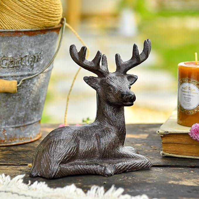 Sungmor Cast Iron Deer Statue, Christmas Reindeer Figurine, Rustic Brown Heavy Lying Elk Vintage Home Decor Sculpture, Indoor Outdoor Shelf Tabletop Holiday Decorations