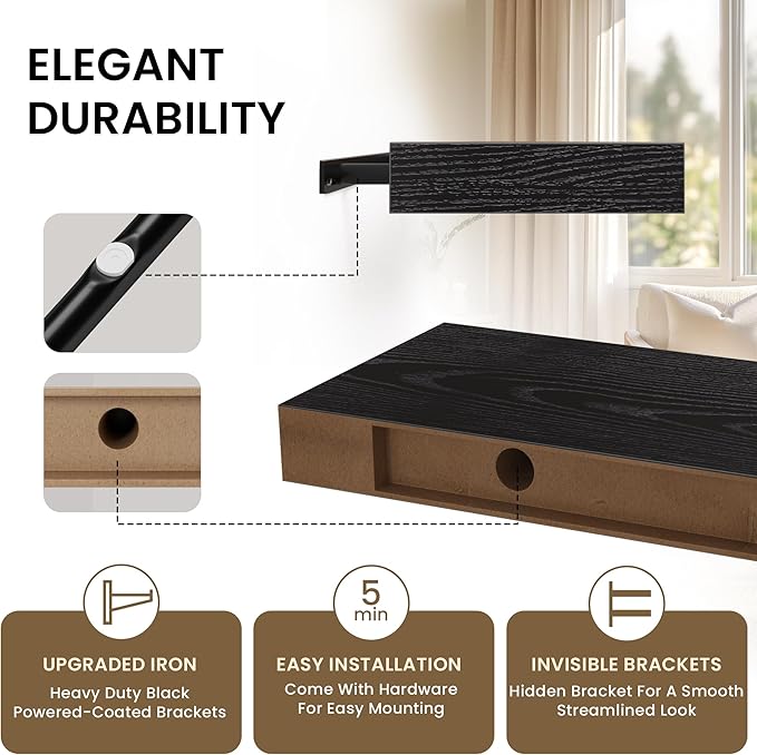 Floating Shelves for Wall, 24" W x 6.7" D x 1.5" H, Wooden Wall Mounted Display Shelves with Invisible Brackets for Living Room, Bedroom, Bathroom, Kitchen Decor and Storage, Set of 2, Black