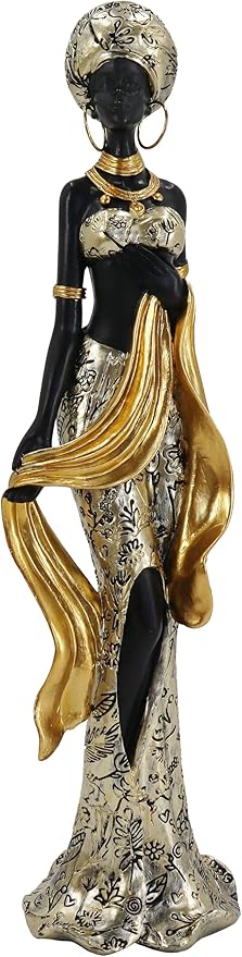 African Tribal Woman Statue with Golden Sash - Elegant Handmade Home Decor Sculpture, Vintage Aesthetic Figurine for Bookshelf & Table Display, Unique Housewarming Gifts for Women