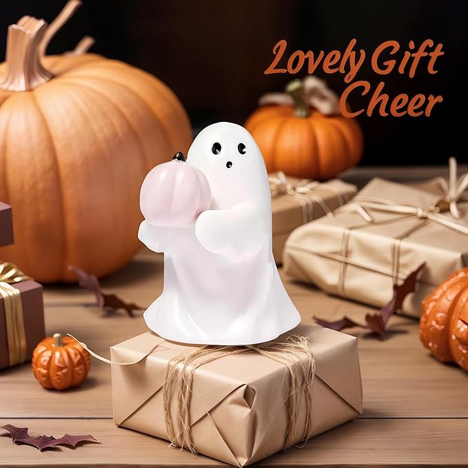 Halloween Cute Ghost Figurine with Pink Pumpkin– Resin Mini Statue, Romantic Shelf & Desk Decor, Halloween or Valentine’s Day Gift for Home, Office, and Friends