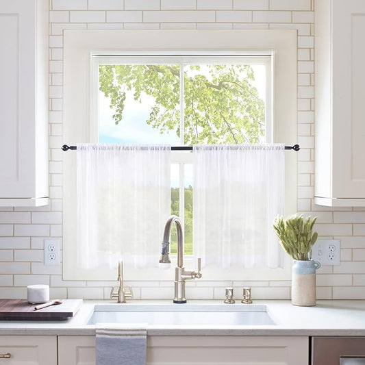 MIULEE 2 Panels Kitchen Tiers Half Window Sheer Curtains Rod Pocket Voile Drapes for Kitchen Bathroom Small Windows 29 by 24 Inch White