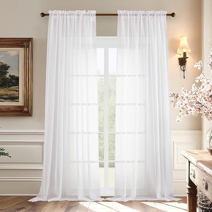 Aiyufeng Voile Sheer White Curtains - Transparent Light Weight Soft Window Treatment Curtain Panels with Rod Pocket Top for Patio Door/Living Room (W59 x L96, 2 Panels), White