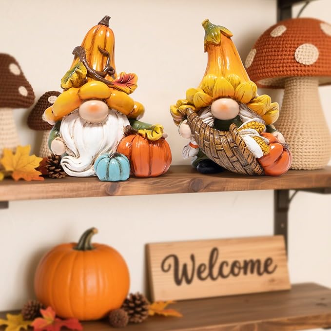 Hodao Fall Decorations for Home, 2 Pcs Thanksgiving Gnome Figurines Resin Autumn Pumpkin Gnomes Statues, Cute Fall Thanksgiving Decor for Home Table Shelf, Perfect Fall Gift for Family Friends