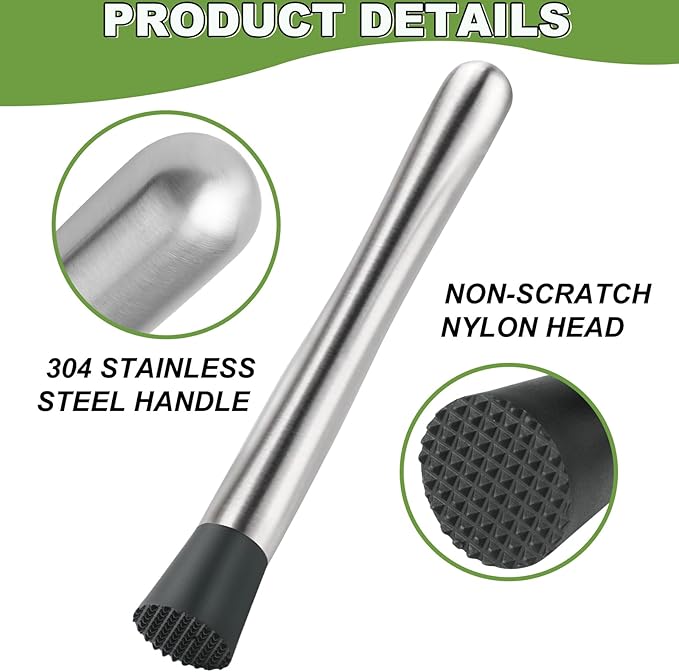 8Pcs 10'' Muddler and Spoon Set for Cocktails 304 Stainless Steel Fruit Smasher Home Bar Bartender Accessories Stirrers Mixing Tools for Mojitos Drinks Lemonade Stand Supplies