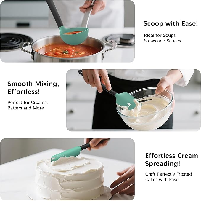 Coukre Silicone Kitchen Cooking Utensils Set with Holder – Heat-Resistant, Food-Grade Kitchen Tools, Spatula, Spoon & Gadgets for Non-Stick Pans, Dishwasher Safe (14, AquaGreen)