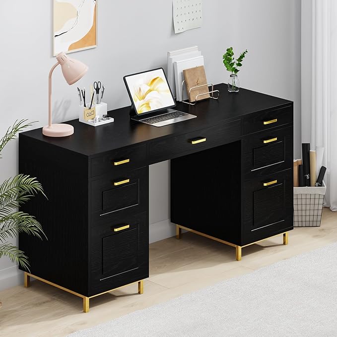 Black Computer Desk with 7 Drawers, 57 Inch Home Office Desk with File Drawers, Wood Modern Desk with Storage for Bedroom, Executive Desk with Golden Legs and Handles, Black and Gold