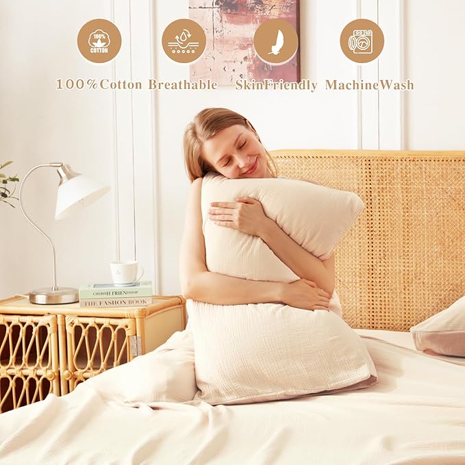 Twin Sheets Set 100% Cotton Bed Sheets Gauze 3 Pcs Linen Like Textured Beige Fall 16" Deep Pocket Sheet & Pillowcase Sets Boho Muslin Soft Bedding Sets for All Season Machine Wash