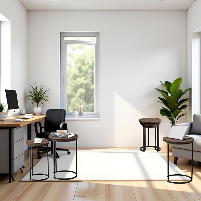 Lavish Home 6-Piece Nesting Tables – Set of 6 Round Side Tables with Woodgrain-Look Tops and Black Metal Frames – Modern Accent & End Table Set for Living Room, Bedroom, or Home Office (Gray/Brown)