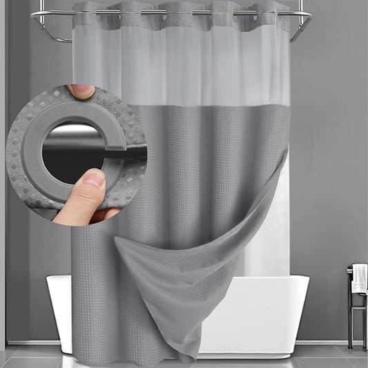 YellyHommy No Hook Shower Curtain with Snap in Liner Set Less Time Grey Waffle Shower Curtain for Bathroom 81" L x 72" W Gray