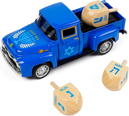 CRCZK Hanukkah Home Decor - Mini Metal Truck with Wood Dreidel - Festive Jewish Holiday Tabletop Decor, Gift for Kids