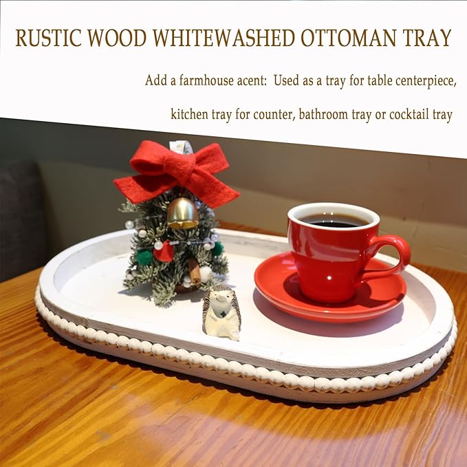 Oval Wood Serving Tray with Wooden Beads, Outdoor Farmhouse Decorative Tray for Ottoman, Coffee Table, Kitchen Counter Organizer, Home Decor(Whitewashed)