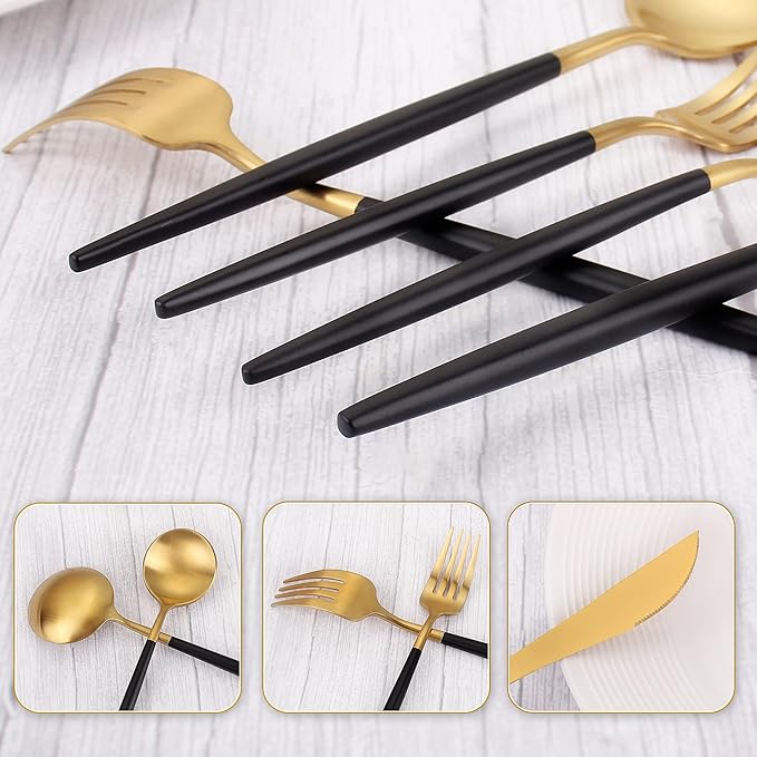 Matte Gold Silverware Set With Black Handle, IBIILII JEFF 20 Pieces Stainless Steel Flatware Set For 4，Kitchen Utensil Set, Tableware Cutlery Set, Knife Spoons And Forks Set, Dishwasher Safe