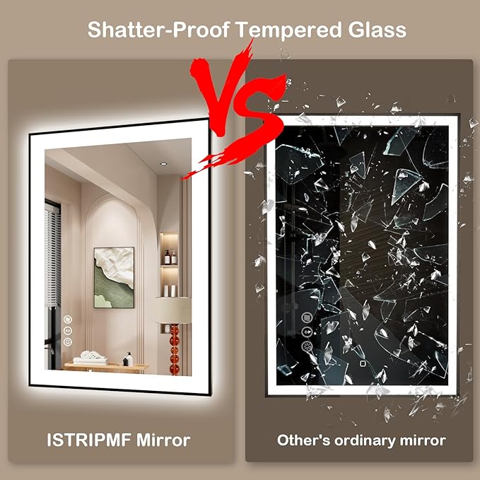 24x32 Inch LED Bathroom Mirror with Black Frame, Backlit and Front Lighted Bathroom Mirrors for Wall, Anti-Fog, Dimmable, Memory, Shatterproof, LED Vanity Mirror for Bathroom