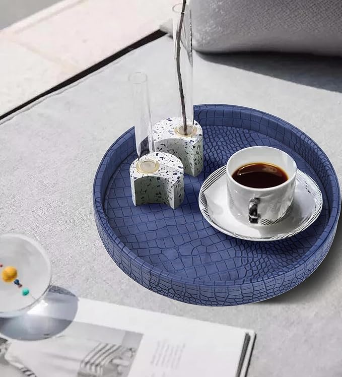 HofferRuffer Faux Leather Round Serving Tray, Vegan Croco Leather Decorative Tray, Food Tray for Storage Drinks, Snack & Cosmetics, Dia.12'' x 1.6'' (Blue)